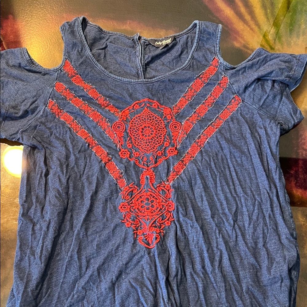 Lucky Brand Denim Blue Blouse with Crimson Embroidery